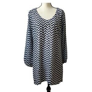 Speechless Shift Dress Large Blue Chevron Tunic Long Sleeve Overlay V Neck